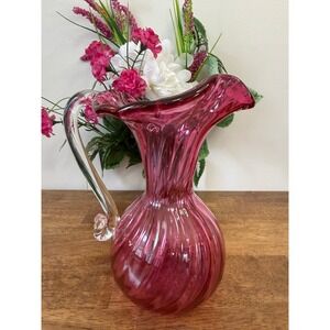 Vintage Cranberry Art Glass Pitcher Hand Blown Ruffled Rim‎ Swirl Handle Vase